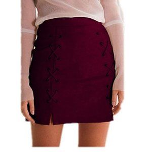 Women's Classic High Waist Lace Up Bodycon Faux Suede A Line Mini Pencil Skirt